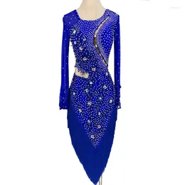Odzież sceniczna profesjonalna spódnica do tańca latynoskiego damska niebieska elegancja Tango Rumba Samba Chacha sukienka do tańca dla dorosłych