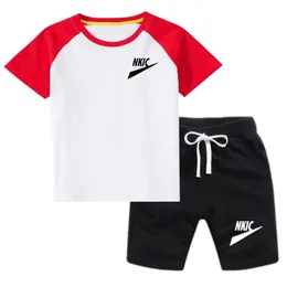 Summer Baby Boys Girls Brand LOGO Cotton Kids Tracksuit Short Sleeve Red T-shirts Children Outfits Sports Set Splice 2 Pcs Sets Clothes