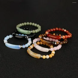 Strand Natursten Elastiskt armband Aura Healing Rosa Spar Grön Aventurin Tigeröga Kristall Rektangulär Lång För Kvinnor