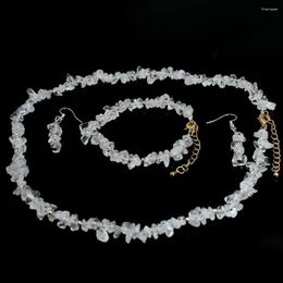 Necklace Earrings Set 6-8mm White Rock Crystal Natural Gems Women Chockers Bracelet Jewellry 17.5" 7-8"