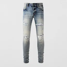 Męskie dżinsy Streetwear moda męska Retro jasnoszary niebieski rozciągliwy dopasowany krój zgrywanie połatany markowe spodnie hip-hopowe Hombre