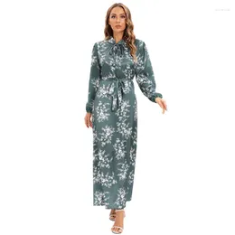 Etniska kläder Elegant Jalabiya För Kvinnor Satin Lång Klänning Stativ Krage Snörning Söt Tunika Blommig Abaya Dubai Vestidos Largos Med