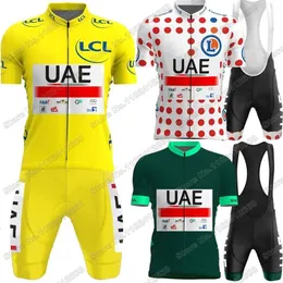 Cykeltröja Set UAE Team tröja Frankrike TDF Set Tadej Gul Grön Vit Röd POLKA DOT Kläder Road Bike Shirt Kostym 230706
