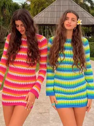 Hawthaw kobiety z długim rękawem w paski wakacje na plaży Bodycon Mini sukienka Streetwear 2022 letnie ubrania artykuły hurtowe dla biznesu