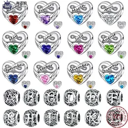 För pandora berlocker äkta 925 silverpärlor Birthstone Heart Pendant Bokstavsserien Bead