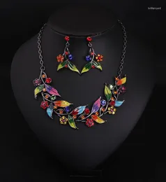 Necklace Earrings Set Colorful Enamel Jewelry Women Necklaces And Fashion Party Punk Silver Crystal Leaf Collar Y Pendientes