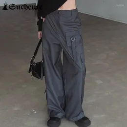 Calça feminina como uma moda coreana de gola coreana up pernas largas streetwear bandagem de terno folgado calça harajuku lote de cintura baixa carga casual