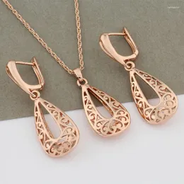 Halsband Örhängen Set Vintage 585 Rose Gold Färg För Kvinnor och Hängsuppsättningar Ihåliga Elegant Etniska Bröllop Modesmycken