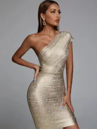 High Quality Celebrity One Shoulder Foiling Gold Silver Print Rayon Bandage Dress Elegant Birthday Nightclub Party Dress