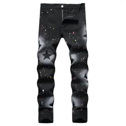 Erkekler kot pantolon siyah ince beş noktalı yıldız renk sprey boya baskı denim pantolon sokak kıyafeti hip hop pantolon erkek için