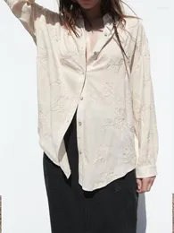 Blusas de mujer Moda Casual Versátil Cómodo Manga larga Cuello de polo Puño plisado Decorativo Mezcla de lino Camisa bordada