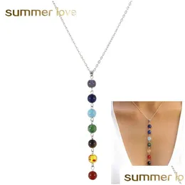 Подвесные ожерелья Sier Color Simple Style 7 Chakra Mticolor Natural Stone Beads Ожерелье Длинная цепь для женщин очарование кольцевых оловаров DHHF3