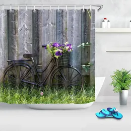シャワーカーテン素朴な木の板ヴィンテージ自転車春バスカーテン浴室用防水ポリエステル生地と 12 フック
