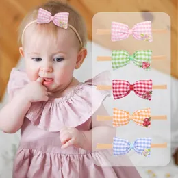 Mode Gestickte Blumen Bowknot Baby Haarband Nette Plaids Bögen Elastische Spurlose Stirnband Kinder Kopfbedeckungen Foto Requisiten