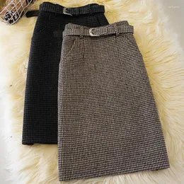 Röcke Retro Herbst Winter Hahnentritt Plaid Woolen Frauen Hohe Taille A-linie One Step Knielangen