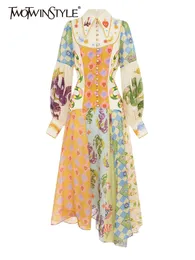 Vestidos casuales básicos TWOTWINSTYLE Hit Color Print Elegante para mujer Solapa Linterna Manga Cintura alta Pliegues Vestido de verano Ropa de moda femenina 230707