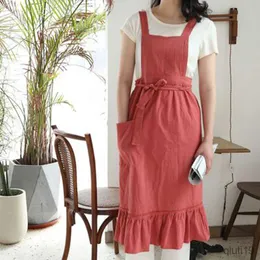 Kitchen Apron Women Cross Back Apron Housework Baking Wrap Cotton Florist Dress Literary Art Cotton Advertising Apron R230707