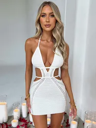 Urban Sexy Dresses Mozision Hollow Out Halter Sexy Mini Vestido Mujer Verano Sin mangas Backless Skinny Club Party Knit Tank Dress Vestido 230706