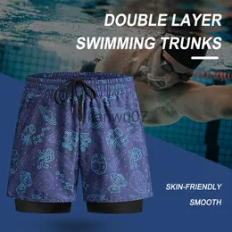 Мужские купальники Мужчины плавательные боченики DoubleLayer 2 в 1 Boxer Boxer Краткое быстрое сухое натяжение кружевное кружево