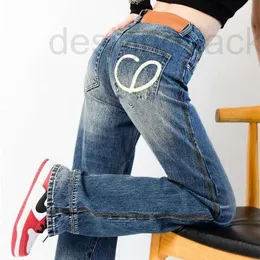 Damskie dżinsy projektant damskie dżinsy markowe spodnie ciemnoniebieskie proste spodnie dżinsowe z wysokim stanem damskie amerykańska ulica luźne spodnie z szerokimi nogawkami 0M9G