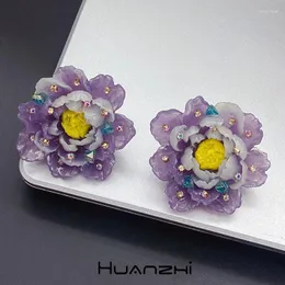 Stud Earrings Purple Pink Acrylic Flower Colorful Zircon For Women Girl Vintage Trendy Daily Party Jewelry Gift HUANZHI 2023