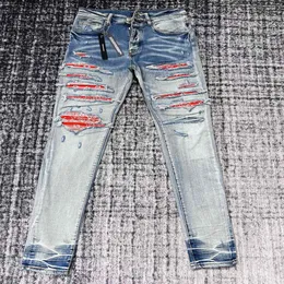 FALECTION MĘSKIE 22ss czerwona chustka JEANS PATCH EMBROIDERED RIPED spodnie motocyklowe rockstar jean240l