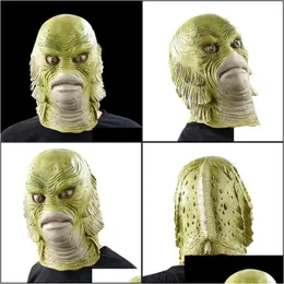 Festmasker Halloween Mask Skrämmande monster Latex Fish Creature From The Black Lagoon Cosplay Merman Masquerade Mascara Hor Drop Leverera Dho3Y