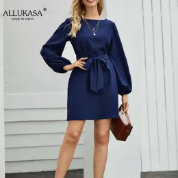 Fashion explosions Chiffon solid color plus size loose simple lantern sleeve dress belt slim temperament women s clothing