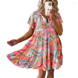 Lässige Kleider Damen Boho Kurzarm Kleid mit Blumendruck High Wait Summer Flowy Swing Mini Beach