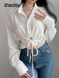 Bluzki damskie Zadily 2023 letnie kobiety białe koszule seksowna z długim rękawem zapinana na guziki bandażowe damskie krótkie bluzki moda odzież damska bluzka
