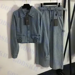 Dam Jeansbyxor Designer Cowboyjacka Långärmad kappa med dragkedja, hög midja dambyxor i två delar