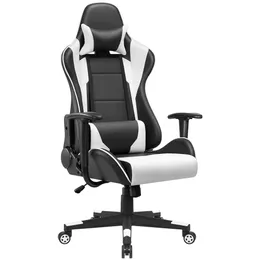 Chaise de jeu Lacoo en cuir PU pivotant ergonomique à dossier haut avec appuie-tête, blanc