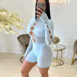 Women's Sexy Hollow Out Long Sleeve Jumpsuit Women Romper Club Hole See Through Mesh Ladies Playsuits Slim Stitching Shorts