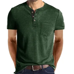 Erkek Tişörtleri Yaz Henley Yakası T-Shirts Mens Kısa Kollu Sıradan Erkekler Üstleri Tee Moda Katı Pamuk T Shirt Erkekler 230707