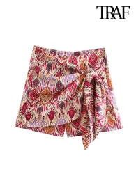 Women's Shorts TRAF Women Fashion With Knotted Totem Print Skirts Vintage High Waist Side Zipper Female Mujer 230707