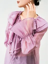 女性のブラウス夏レーヨン女性二重層ロータスカラートップス軽量長袖快適なソリッドカラー換気ファッション