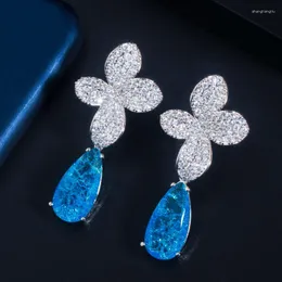 Dangle Earrings ThreeGraces Unique Light Blue Cubic Zirconia Big Flower Dangling Water Drop Earring For Women Summer Wedding Party Jewelry