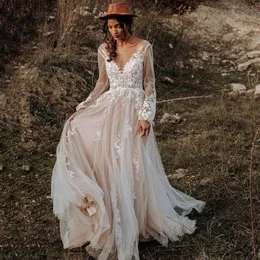 Abiti da sposa vintage Boho Abiti da sposa a maniche lunghe in pizzo con scollo a V Abito da sposa Tiere Tulle Abiti da sposa country