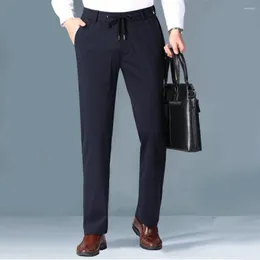 Ternos Masculinos Calças Masculinas Cor Sólida Cintura Alta Corporativo Cintura Elástica com Cordão Bolsos Casuais Perna Reta Longa