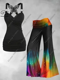 Conjunto de duas peças calça feminina PLstar Cosmos 2023 impressão 3D gradiente literário colete Rainbo perna larga
