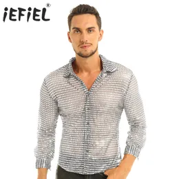 メンズドレスシャツ iEFiEL メンズファッションホログラフィックコスチューム服光沢のあるスパンコールシースルーメッシュクラブウェアイブニングダンスパフォーマンストップシャツ 230707