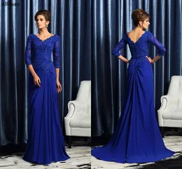 Royal Blue Chiffon Meerjungfrau Mutter der Braut Kleider Langarme Elegante Spitzenapplikationen Pailletten Perlen Falten Frauen formelle Anlässe Abendkleider Cl2557