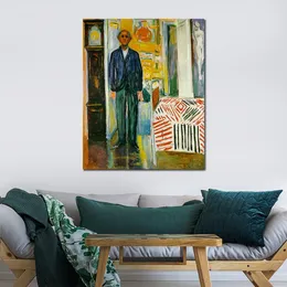 Arte figurativo abstracto sobre lienzo, autorretrato entre el reloj y la cama, pintura al óleo hecha a mano de Edvard Munch, decoración moderna