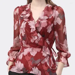 Blusas Femininas Elegante Blusa com Decote em V Moda Babados Emendada Primavera Verão Cintura Cordão Vestuário Comutar Camisa Vintage Assimétrica