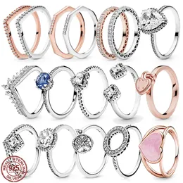925 Sterling Silver Fashion New Fashion Ring Classic Crown Shining Heart Round Ring مناسبة لـ Pandora الأصلي ، وهي هدية خاصة للنساء