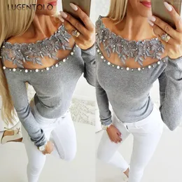 Women's T Shirts Women Sexy T-shirt Lace Spring Summer Pearl Slah Neck Gray Top Female Slim Long Sleeve Thin Tee Pullover Large Size Tshirt