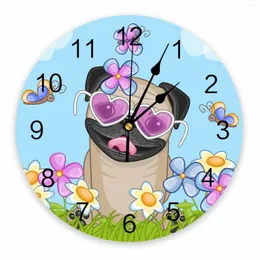 Wall Clocks Pug Dog Flower Funny Cartoon Decorative Round Clock Arabic Numerals Design Non Ticking Bedrooms Bathroom Large