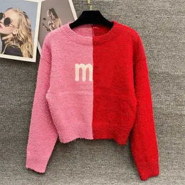 Mode Kvinnor Kläder Pullover Tröja Djärv färgskala Röd Rosa Skarvpartiklar Plysch Bokstav Långärmade tröjor Designer Elegant Damtröjor