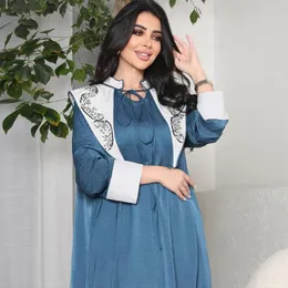 Abbigliamento etnico Abaya per donna Mussola blu Dubai Medio Oriente Moda con allacciatura a rombi e abito a vestaglia in colore a contrasto Jalabiya da donna