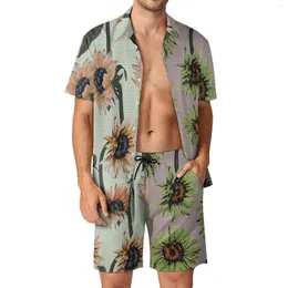 Tute da uomo Girasole bicolore Completi da uomo Girasoli astratti Art Camicia casual vintage Set maniche corte Pantaloncini con stampa Abito da vacanza Plus